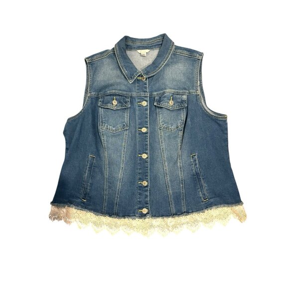 Est. 1946 Jackets & Blazers - Est 1946 Blue Denim Prairie Vest Stretch Womens 18/20 With Beige Lace Trim Hem